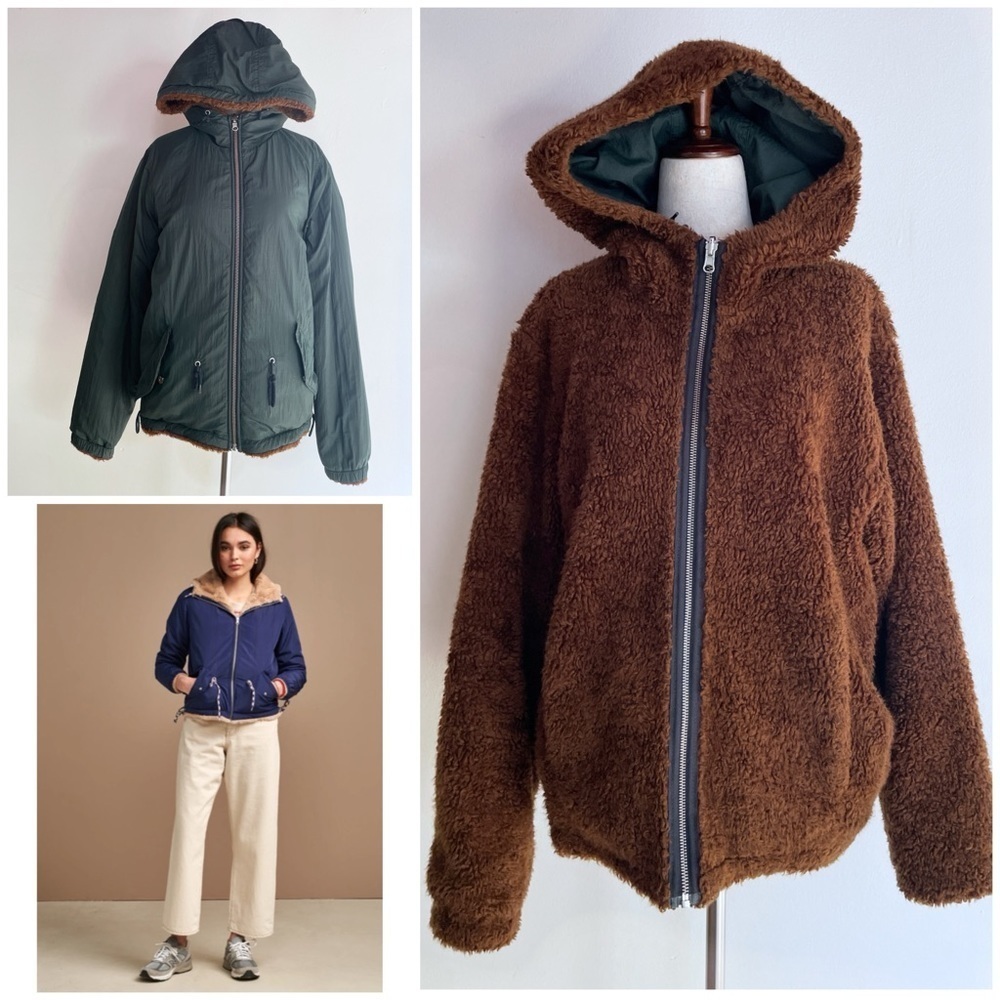 BELLEROSE Apache Green Brown Teddy Hoodie Reversible Utility Jacket US 8​​​​